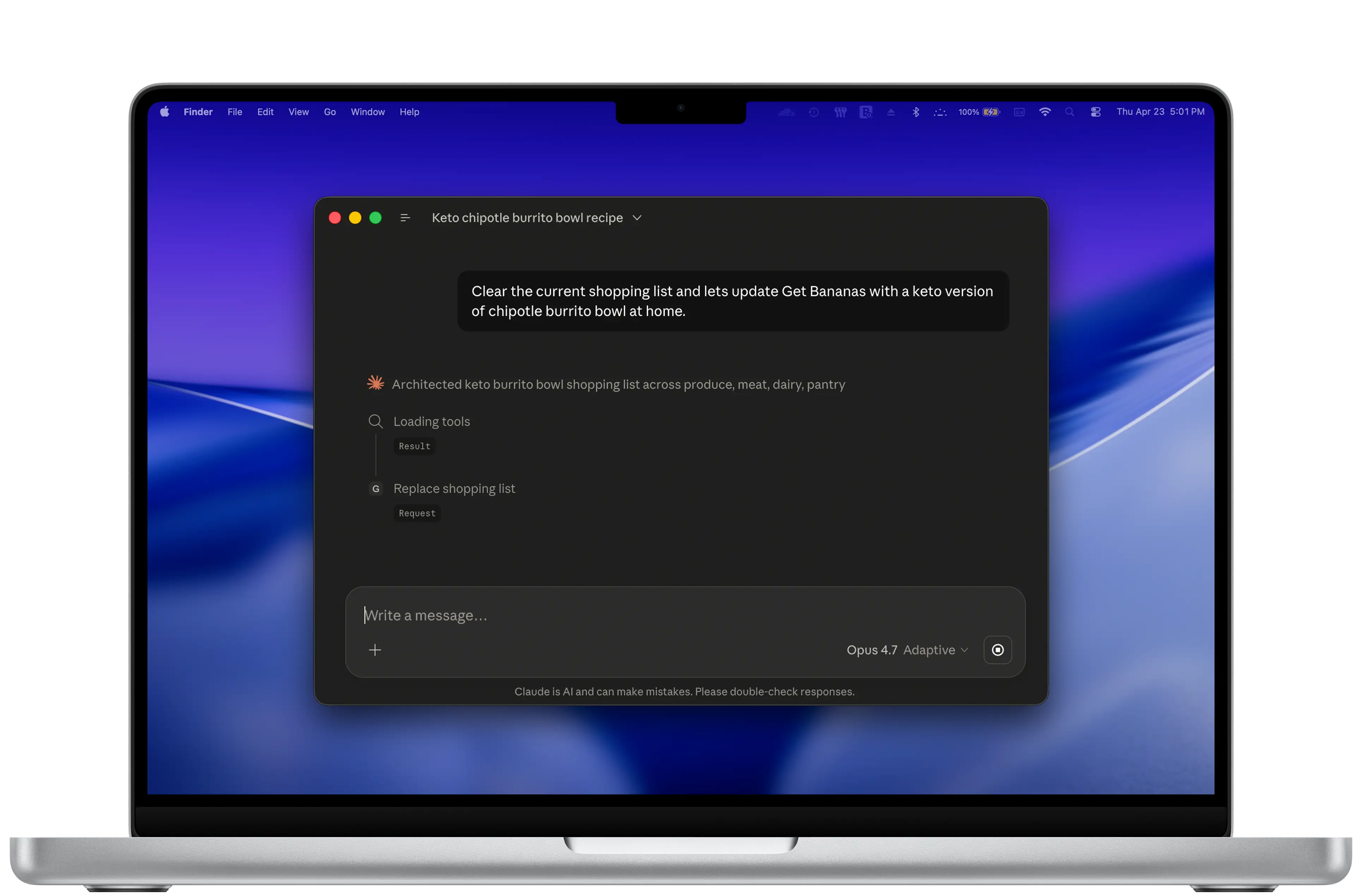 Claude Desktop on macOS calling the Get Bananas extension: the user asks Claude to replace the shopping list with a keto burrito-bowl recipe, and the 'Replace shopping list' tool call is visible in the response.