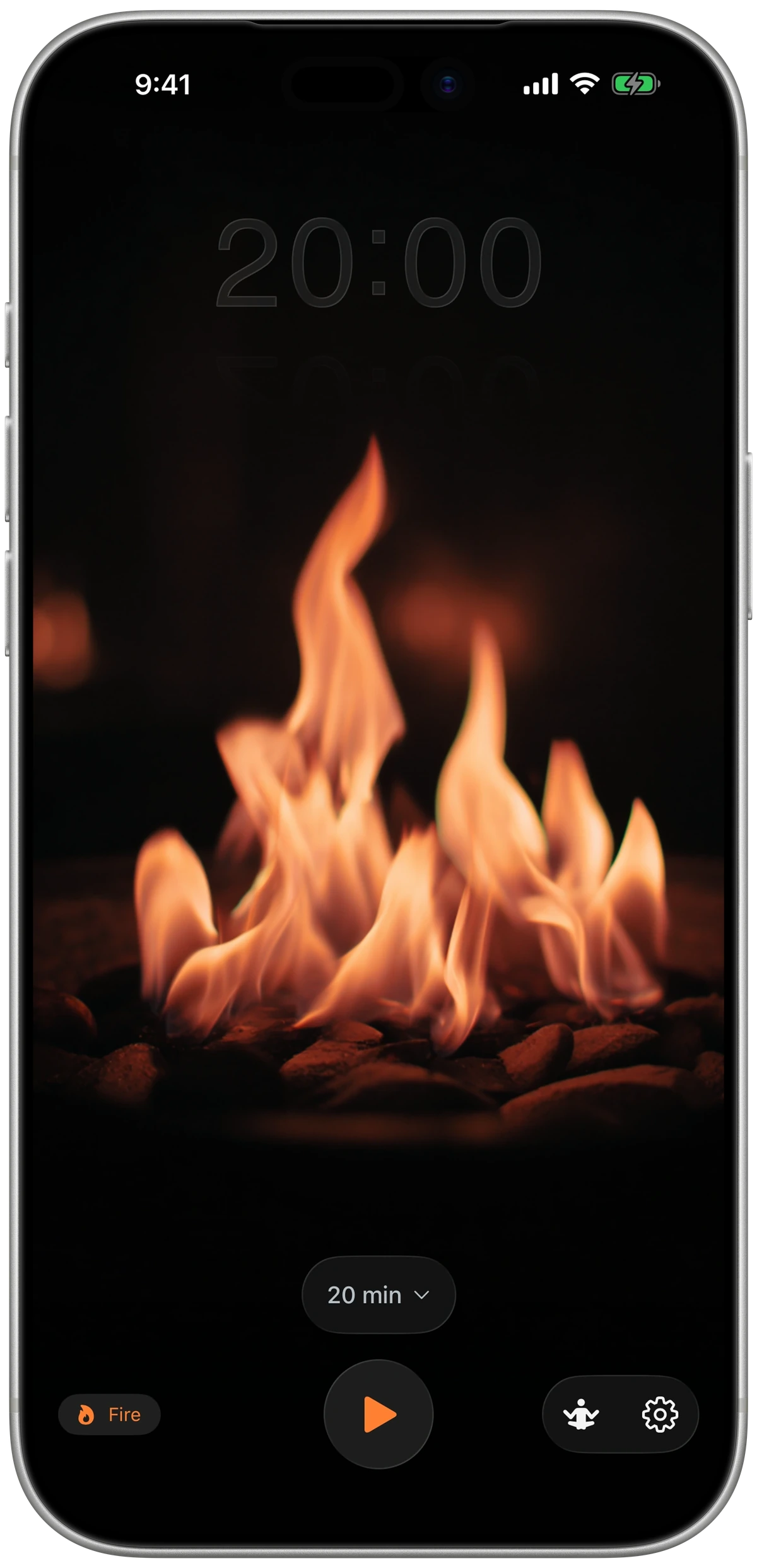 Return on iPhone with the fire theme running a meditation session.
