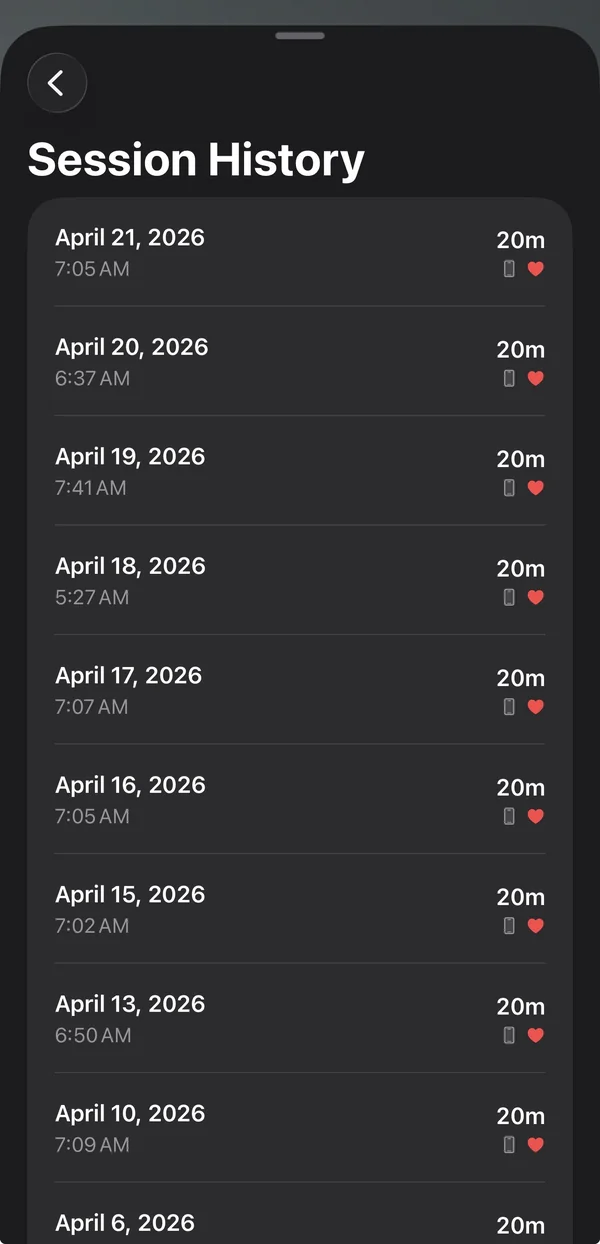 Return's session history on iPhone: a list of completed meditation sessions, each marked with the device it was logged from.